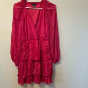Aqua pink party dress rows of ruffles & sparkles v-neck side zip long sleeve s-S